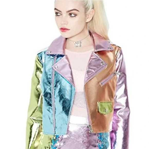 Dolls Kill Sugar Thrillz metallic moto jacket size small NWT - Picture 2 of 8